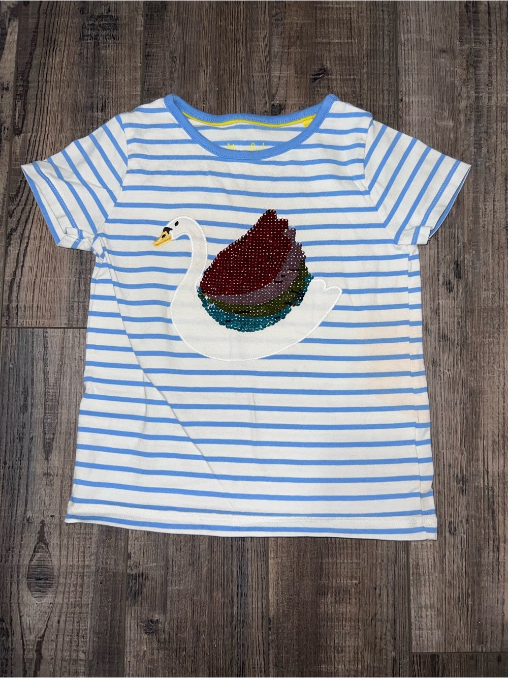 Mini BodenBlue & White Striped Swan Tee with Flip Sequin Accent